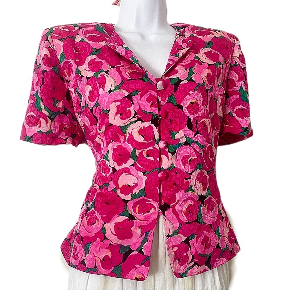 Vintage 100% Silk Pink Floral Blouse Button-Up Shirt Padded Shoulder Cottagecore - Picture 11 of 14